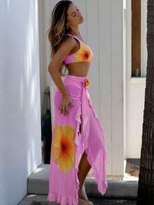 Bonvoyette Set de 2 piezas Traje de baño de una pieza con tirantes finos y estampado floral, con falda asimétrica de malla, sexy y elegante para vacaciones de verano - Multicolor - Ver 3
