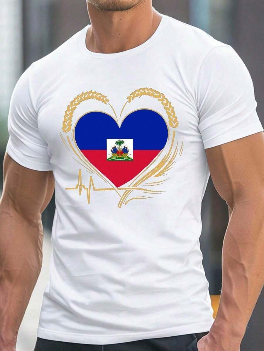 [Sports T-Shirt] Men's T-Shirt With Patriotic Print Of The Haitian Flag, Heart And Wheat Stalks - Short-Sleeved Crew Neck T-Shirt, Lightweight And Breathable 100% Polyester For Summer, Casual And Comfortable Fit, Machine Washable, Gold Tone Details, Relaxed Fit And Plus Size - 白色的 - 查看 1