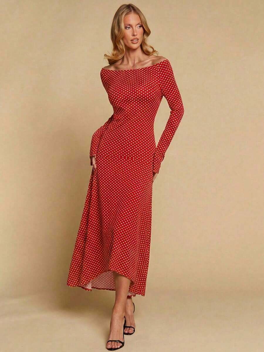 Vestido de mujer de cuello en V elegante, de manga larga, de unicolor, con dobladillo irregular, versátil para ir al trabajo, la oficina, salir, fiestas, bodas y la playa - Rojo - Ver 1