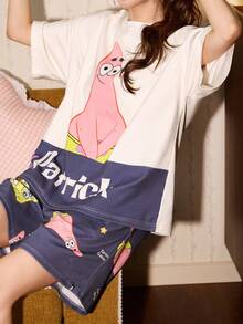 Gongdie SpongeBob SquarePants 两件套海绵宝宝女士睡衣套装，夏季短袖睡衣套装，可爱卡通印花，柔软棉质可爱家居服 - 米色 - 查看 6