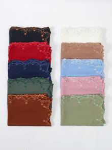 1 peça Hijab feminino elegante com bordado de flor ondulada, lenço de chiffon liso premium, xale envolvente de luxo macio e leve com proteção solar para mulher - Pequeno lenço de cabeça em chiffon com bordado floral - Ver 3