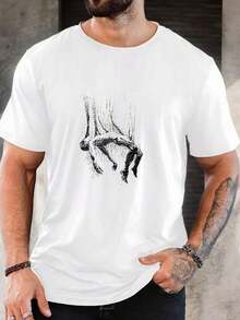 Men's Casual Short Sleeve T-Shirt - White With Graphic Figure Print Falls On Black, Breathable, Crew Neck, Regular Fit For Casual Wear, Comfortable Streetwear, Artistic Print T-Shirt, Easy Care Clothing, Non-See-Through Fabric RXWR - 白色 - 查看 7