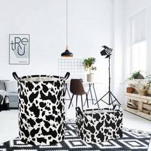 1pc Black & White Cow Print Storage Basket, Foldable Rectangular And Round Fabric Storage Box With Handle, Suitable For Home And Farmhouse Decor - Black and White - View 1