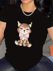 Women's Short-Sleeved T-Shirt With A Cute Cheetah Print And A Pink Bow, Made Of Durable Polyester Fabric, Suitable For Casual Wear At Home Or In Restaurants, With A Lightweight And Comfortable Design. - 黑色 - 查看 1