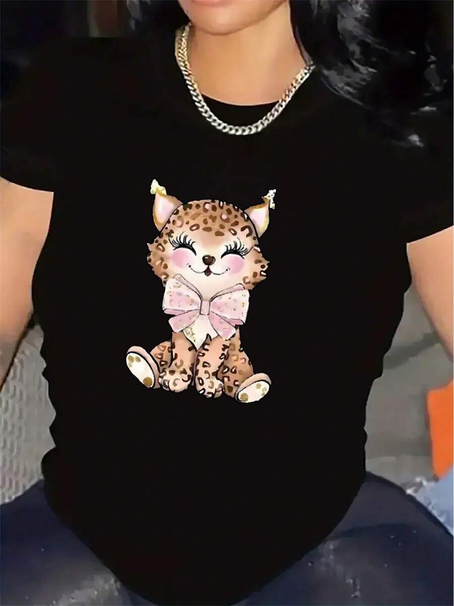 Women's Short-Sleeved T-Shirt With A Cute Cheetah Print And A Pink Bow, Made Of Durable Polyester Fabric, Suitable For Casual Wear At Home Or In Restaurants, With A Lightweight And Comfortable Design. - 黑色 - 查看 1