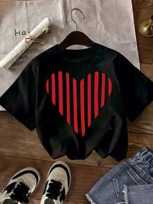 Maglietta Ragazza Casual alla Moda con Stampa Cuore a Righe Cartoon, Top Maniche Corte Scollo Rotondo, Comodo e Versatile per Primavera Estate, Carino e Pezzo Unico - nero - Visualizzare 1