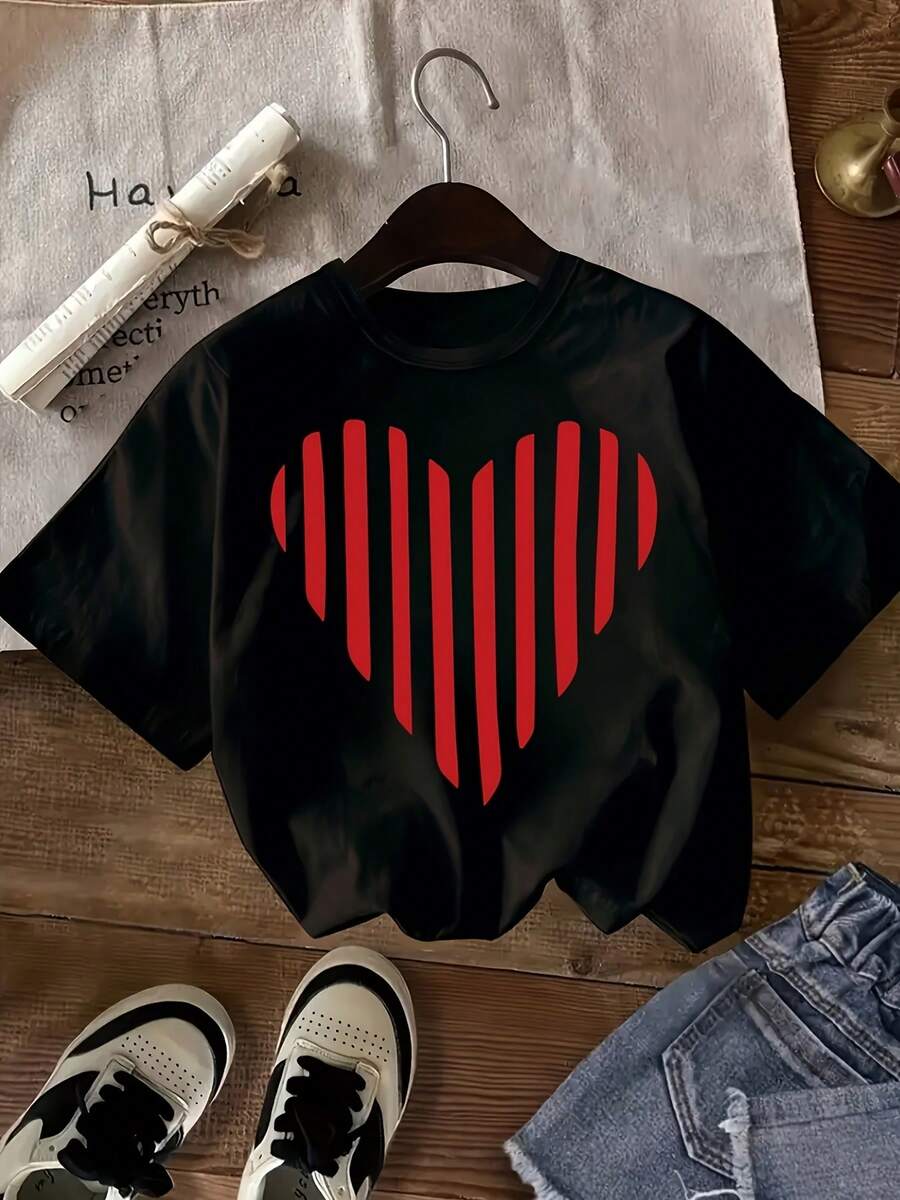 Maglietta Ragazza Casual alla Moda con Stampa Cuore a Righe Cartoon, Top Maniche Corte Scollo Rotondo, Comodo e Versatile per Primavera Estate, Carino e Pezzo Unico - nero - Visualizzare 1