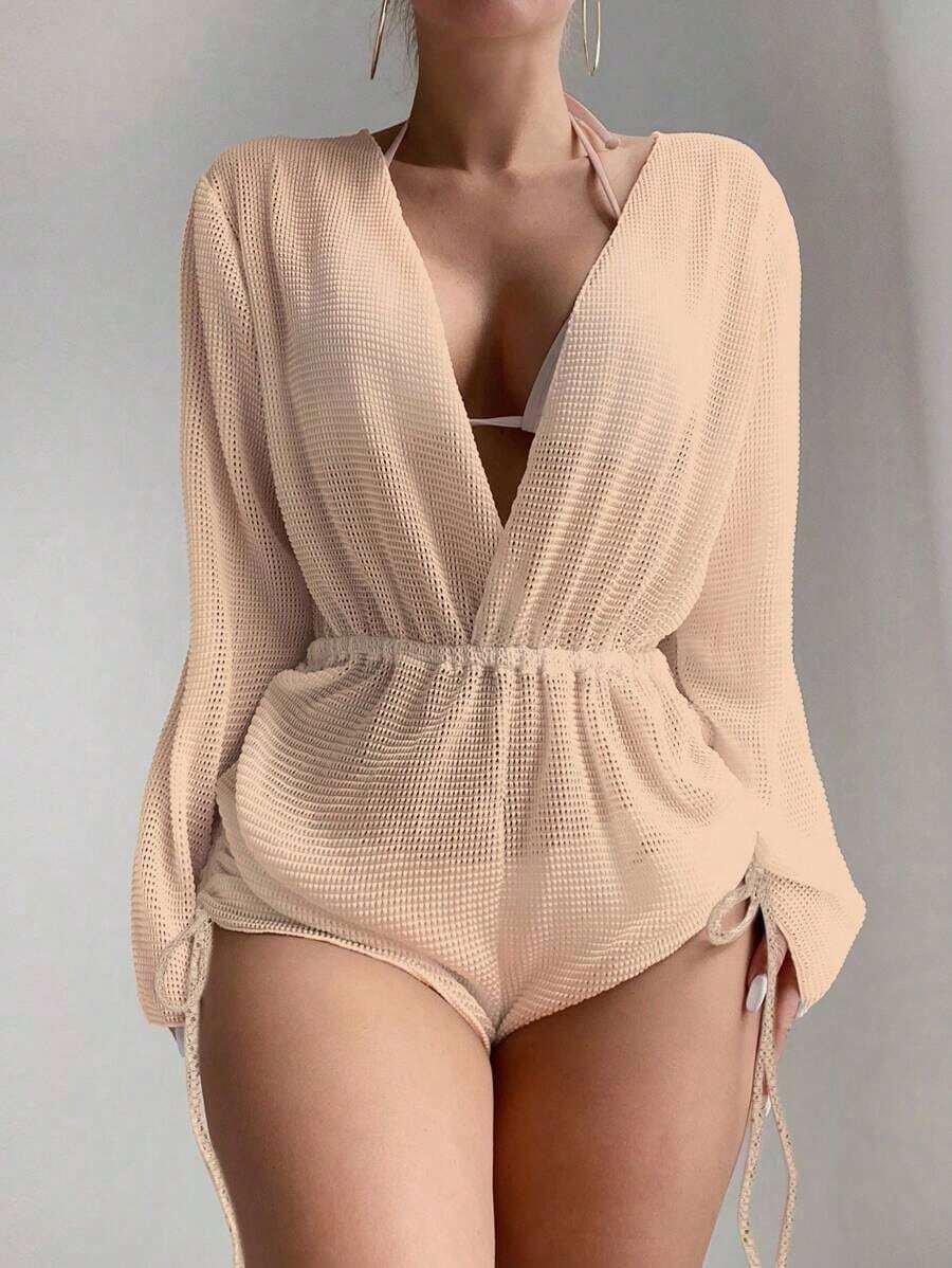 Swim Vcay Cubierta sólida de color para mujer con cuello en V profundo - Albaricoque - Ver 1