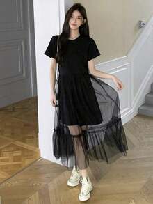 Vestido midi de verano de cuello redondo con manga corta y contraste de malla para mujeres - Negro - Ver 2