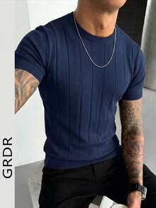 GRDR 男士时尚圆领针织短袖衬衫，夏季休闲运动必备单品 - 藏蓝色 - 查看 5