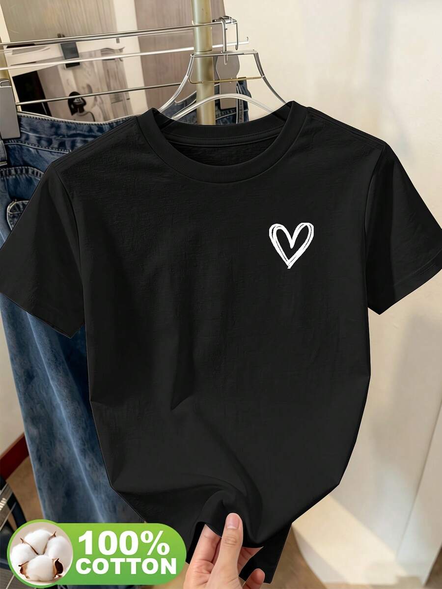 Double-Layer Short-Sleeve Crew Neck T-Shirt With Hand-Painted Heart Print, Soft And Breathable, Ideal For Everyday Wear, Casual And Versatile, Size S. This Short-Sleeve Crew Neck T-Shirt Is Fashionable And Breathable, Perfect For Daily Outings, Campus Trips, And Picnics. - 黑色 - 查看 1