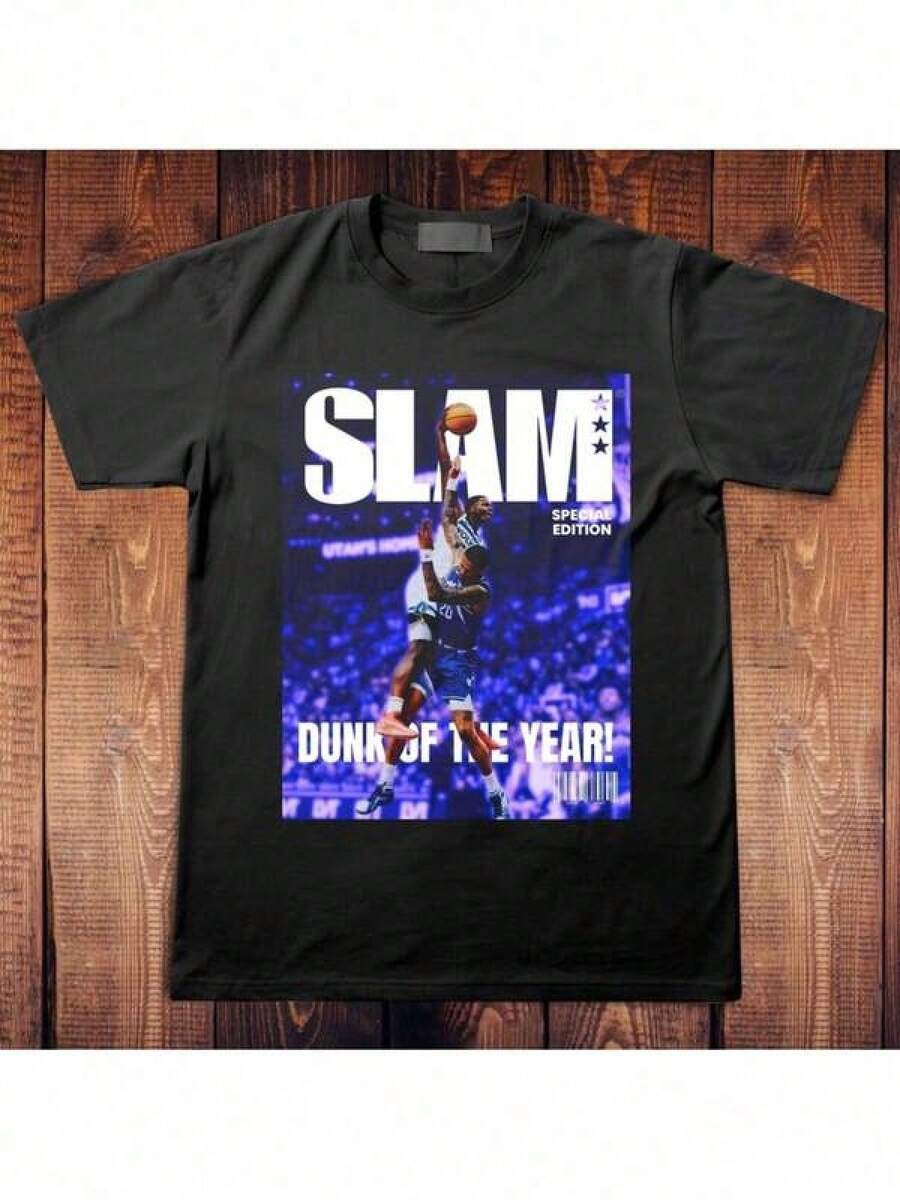 Men's Dunk Of The Year Basketball Graphic Tee - Wolves Slam Competition Tee - Large & Tall Fit Crew Neck Tee - All-Season Stretch Cotton Top - Dunk Contest Apparel (Black) - Machine Washable, Sports Fan Clothing, Bohemian Style Tee, High Stretch Cotton, PLUS SIZE - 黑色 - 查看 1