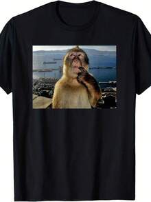 Men's T-Shirt With Funny Thinking Monkey Meme - Soft And Breathable Short-Sleeve Tee With Iconic Monkey Print, Relaxed Fit For Casual Wear, Parties, And Outdoor Activities - Fun And Comfortable Graphic Tee For All Seasons - 黑色 - 查看 1