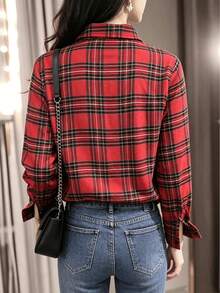 Vintage Red & Black Plaid Shirt For Women, Loose Brushed Long Sleeve Top, Ladies Casual Versatile Layering Jacket For Autumn - Red - View 2