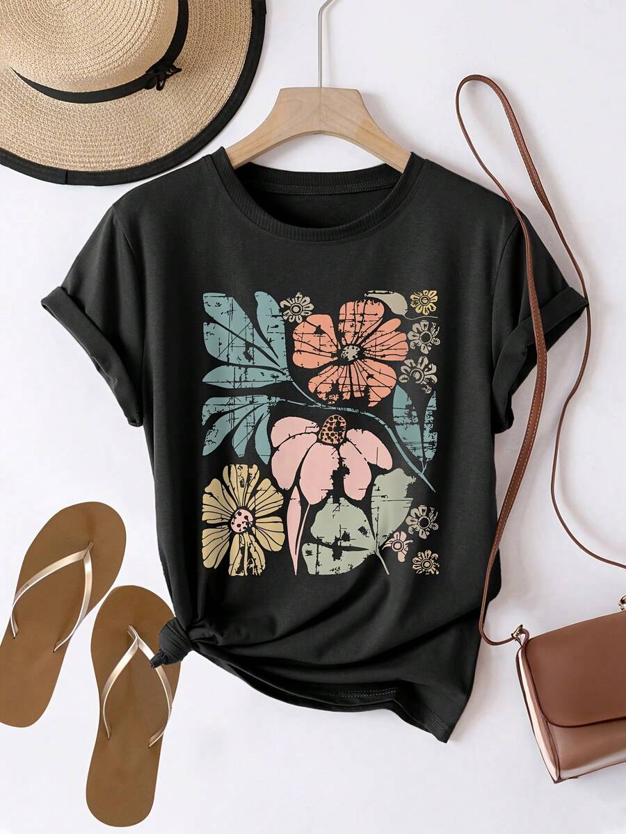 2026 T-shirt med grafiskt tryck, kortärmad rund halsringning, avslappnad topp för sommar och vår, damkläder - Schwarz - Visa 1