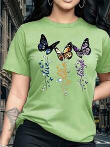 Women's Short Sleeve T-Shirt, Dreamy Colorful Butterfly Pattern Print, Vintage Elegant Exquisite Cute Sexy Sweet Style Round Neck Top, Regular Fit, Women's Gift Birthday Gift, Commuting T-Shirt Party T-Shirt, Soft And Comfortable Fabric - 草綠色 - 查看 6