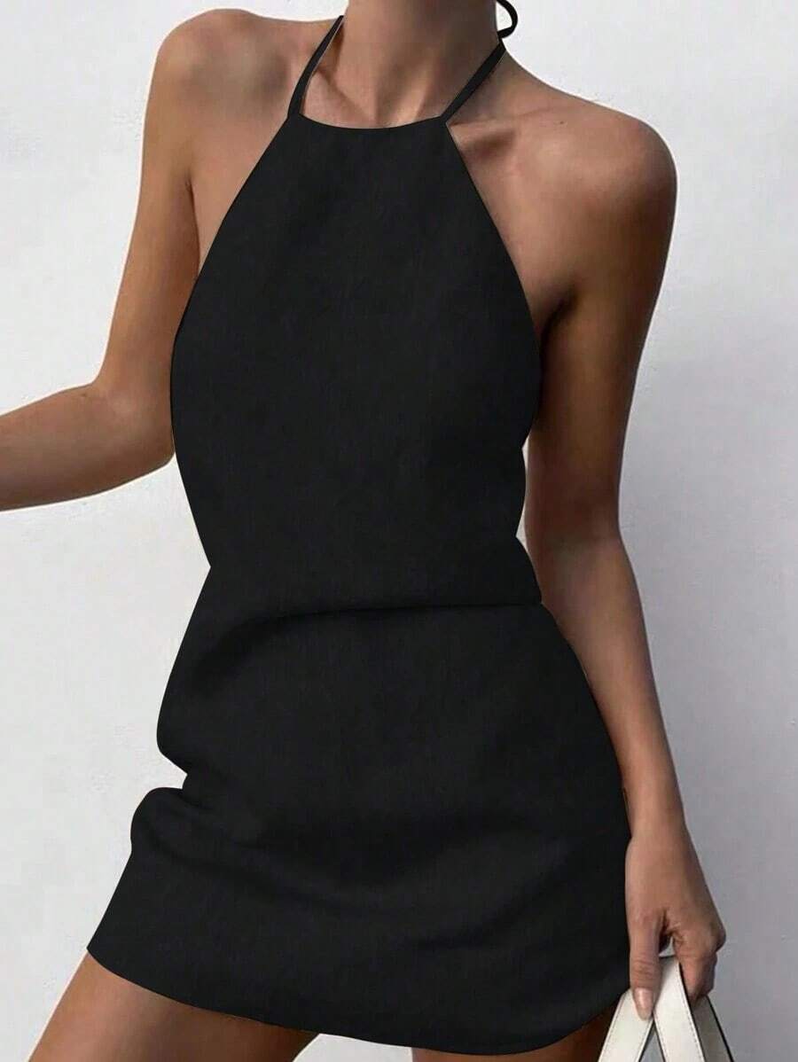 Vestido mini minimalista de mujer de unicolor, con cuello halter, para fiestas y viajes - Negro - Ver 1
