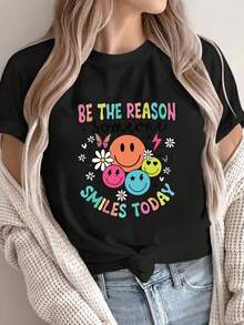 Women's Casual Short Sleeve T-Shirt - Happy  Face Print And Inspirational Lettering, Comfortable Crew Neck, Versatile All-Season Top, Loose Fit, Breathable Fashion T-Shirt, Printed T-Shirt, A Must-Have For Fashion Enthusiasts. ZOIH - 黑色 - 查看 7