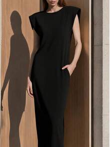 RoseArya Cotton Padded Shoulder Pocket Detail Long Dress - Black - View 1