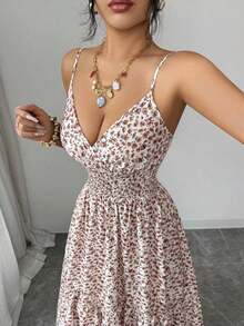 Nuevo vestido elegante para jóvenes damas con diseño de lazo en la cintura, estampado floral diminuto y tirantes de espagueti para vacaciones - Multicolor - Ver 3