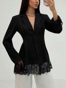 AYYAloruh Blazer de manga larga con cuello en V profundo, parche de encaje, estilo minimalista para oficina y transporteAYY - Negro - Ver 1