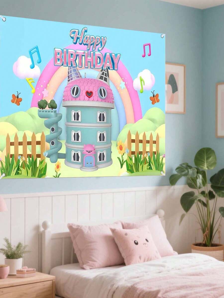 MASSDI Colorful Dollhouse Theme Birthday Decoration Tapestry, Featuring Dollhouse, Rainbow And Musical Note Patterns, Durable Polyester Fabric Decorative Banner Suitable For Party Decoration, Room Decor And Photo Booth Backdrop - Multiple Styles - View 1