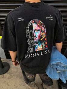 Fractyr Camiseta oversize con estampado de la Mona Lisa dividida en el frente y la espalda, de tacto suave, negra lavada, de estilo urbano, con gráfico de estética de graffiti - Negro - Ver 1