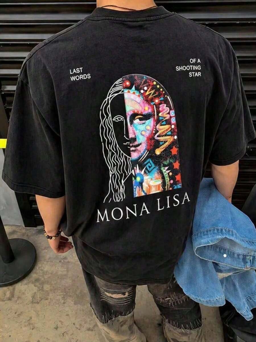 Fractyr Camiseta oversize con estampado de la Mona Lisa dividida en el frente y la espalda, de tacto suave, negra lavada, de estilo urbano, con gráfico de estética de graffiti - Negro - Ver 1