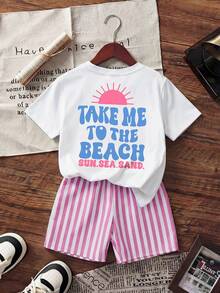 2pcs/Set Girls Toddler Summer Beach Vacation Printed Short Sleeve T-Shirt Set, Children Light Blue + Pink White Striped Shorts 2-Piece Outfit - Pink - View 1