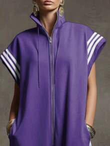 Mono a rayas con cuello alto y cremallera diseño combinado de colores - Morado - Ver 2