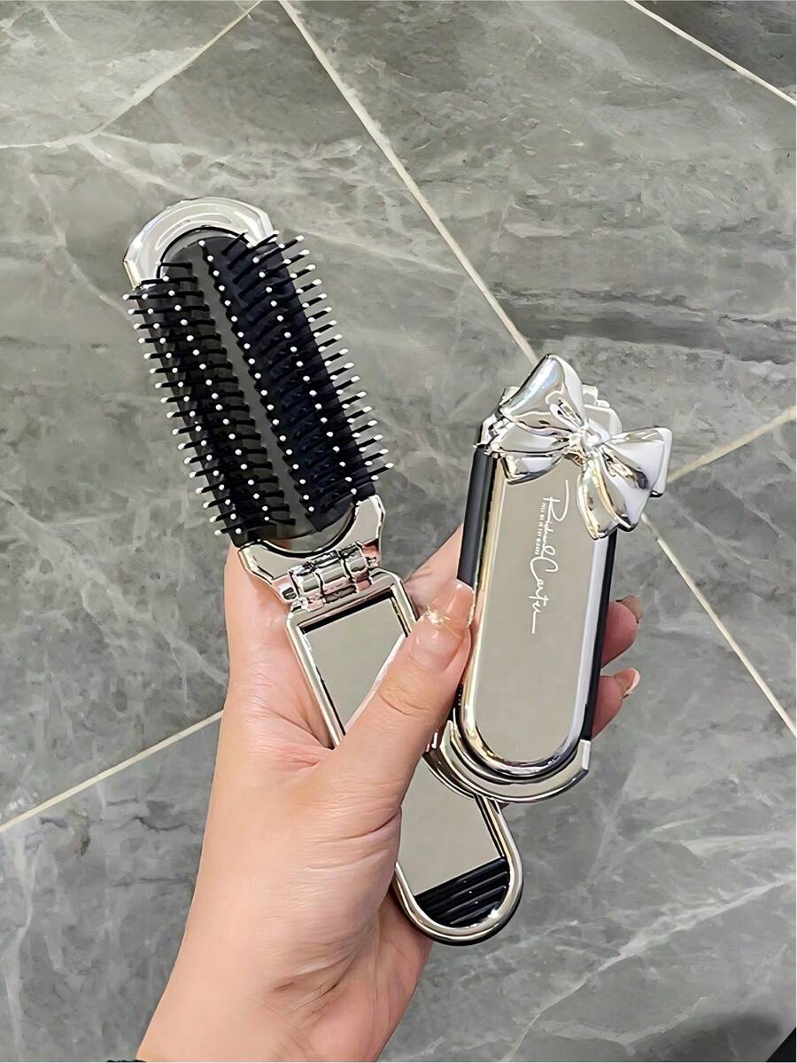 1pc Mini Folding Comb With Mirror - Cute Bow Design, Portable Cushion Brush, Perfect For Travel, Fits Easily In Wallet Or Handbag, Style Anytime, Suitable For Beach, Travel, Hair Accessories, Summer, Travel Essentials, Hair, Hair Styling Tools, Back To School Gift