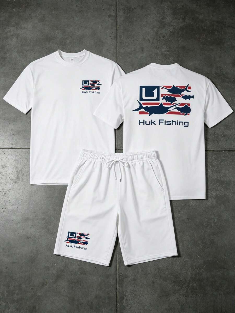 Huk Fishing Patriotic T-Shirt And Shorts Two-Piece Set, American Flag And Fish Pattern Set, American Outdoor Soft Cotton Clothing For Men And Women, A Gift For Fishing Enthusiasts, American Independence Day Fishing Apparel. - 白色 - 查看 1