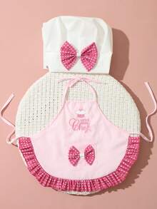 嬰兒粉紅色刺繡主廚攝影服裝 小主廚套裝 白色主廚帽圍裙組 中性嬰兒拍照道具 - 玫紅波點 - 查看 6