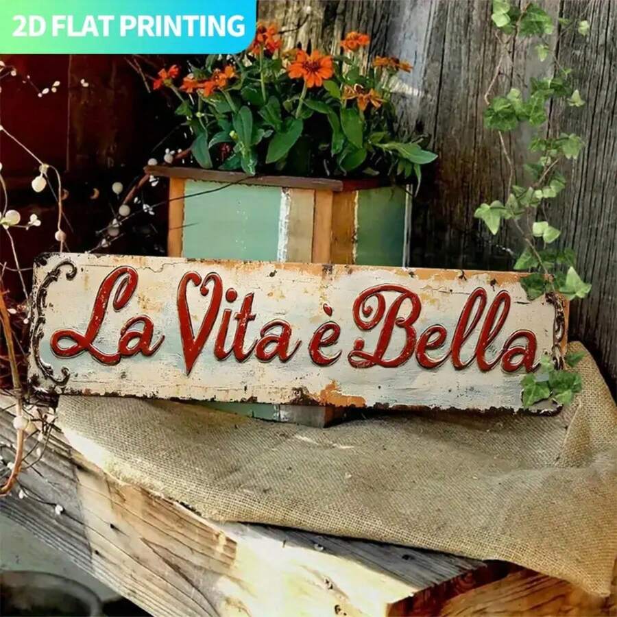 2D Flach - 2D Flach, Italienische Vintage Metall Dekoration "La Vita È Bella" - Rotes und beiges Vintage Bauernhaus Schild, mit vorgebohrten Löchern, einfach aufzuhängende große Buchstaben, geeignet für Küche, Veranda, Wohnzimmer - Italienisches Phrasengeschenk, geeignet für Einweihung, Hochzeit, Jahrestag