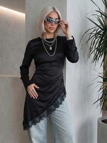Elegant Women's Summer Clothing Vintage Lace Patchwork Top Women's Vacation Wear Asymmetric Hem Pullover Women's Casual Top Commute Street Black - Black - View 9