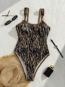 Bonvoyette Conjunto de bikini bohemio de nueva llegada Swim Lushoire para mujer con estampado de paisley en el cuello halter, conjunto de bikini de 2 piezas con estampado de mandala colorido, conjunto de bikini con estampado de plumas de pavo real vibrante en tonos de rosa, azul, blanco y verde, con Bottom tipo tanga con lazos laterales, parte superior de bikini con cuello halter y lazos, ropa de playa vibrante y multicolor, copas acolchadas push up, atuendo de piscina y vacaciones de verano, para festival de música, vacaciones en la tropical e inspiración moderna. - Marrón - Ver 4