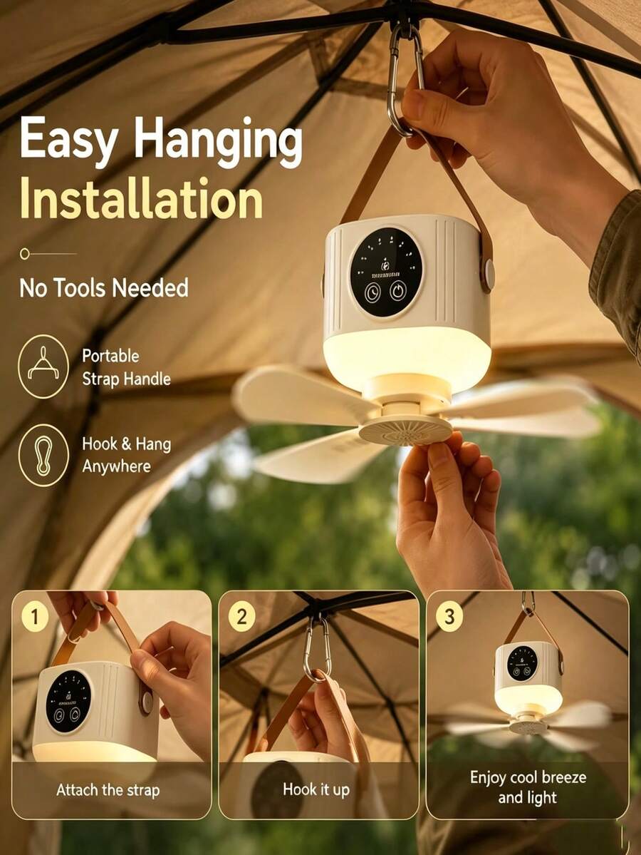 1pc Multifunctional Camping Hanging Fan Light - Remote Control - 4-Speed Wind Settings - 3-Level Night Light Brightness - Type-C Charging - Quiet & Powerful - Suitable For Dorm Cooling And Balcony Enjoyment - Fan Light - View 1