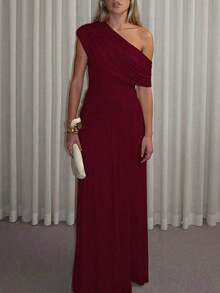Vestido largo plisado de unicolor con cuello oblicuo para mujer, ajustado y estilizador, elegante y sexy vestido de fiesta de verano - Burdeos - Ver 4