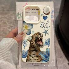 1pc TPU Material Blue Leopard & Ocean Collage Pattern Phone Case, Compatible With Iphone 17 Pro Max/17/16 Pro Max/15/13/12/11, S20 FE/A15/S24/A55, Note 11/12/13 Pro, Full Coverage Anti-Drop Soft Protective Cover - White - View 2