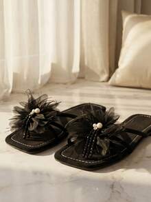 Summer New Solid Color Velvet Soft Textured 3D Pearl Big Flower Flat Slide Sandals, Fashionable Versatile Comfortable Suitable For Beach Travel Vacation - Black - View 3