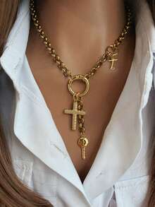 1 Pc Women's Gold-Tone Artistic Letter Pendant Necklace Features A Smooth Round Clasp, A Diamond-Encrusted Cross Pendan - Gold - View 4