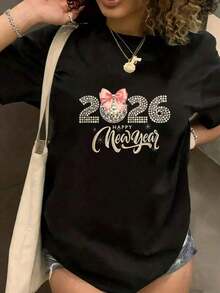 Women's Printed Short Sleeve T-Shirt, Round Neck, New Year 2026 Celebration Short Sleeve T-Shirt With Glitter And Pink Bow Design, Fashionable Casual Top For Women, Suitable For Christmas Gifts, Blouses For Women. - 黑色 - 查看 4