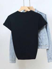 Women's  Graphic Print Short-Sleeve T-Shirt, 100% Cotton, Spring And Summer Wear, 180g Women's Casual T-Shirt, Crew Neck, Short Sleeve, Black Casual T-Shirt, Perfect For All Seasons. Comfortable, Soft, And Simple Short-Sleeve Top For Everyday Wear. - 黑色 - 查看 2
