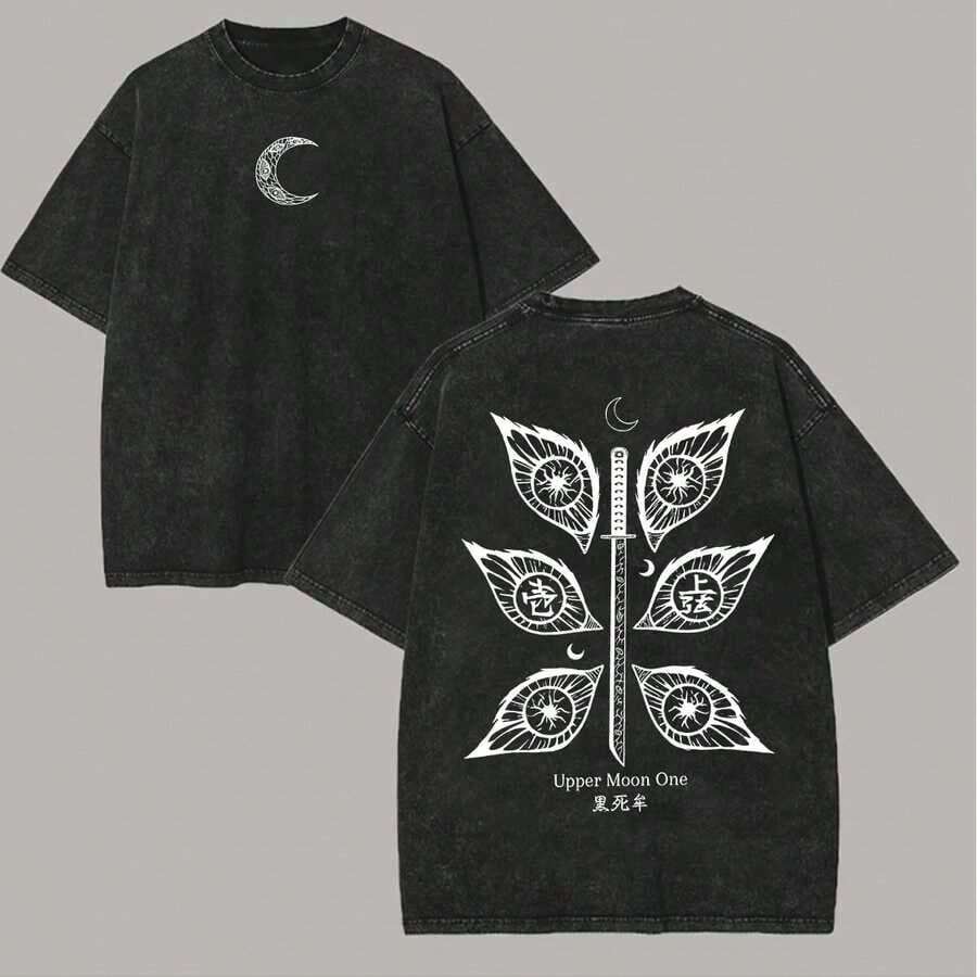 Camiseta Oversize Kimetsu No Yaiba Kokushibo Upper Moon One, Camiseta de Cuello Redondo Negra con Efecto Lavado Vintage, Estampado Frontal de Luna Creciente y Espalda con Seis Ojos + Espada Nichirin, Camiseta de Anime, Ropa de Hombre, Camisetas de Hombre, Camisetas Unisex de Anime Japonés Estilo Casual Urbano CU5H - Negro - Ver 1