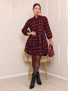 Long-Sleeved Plaid Dress With Buttons. - Burdeos - Ver 1