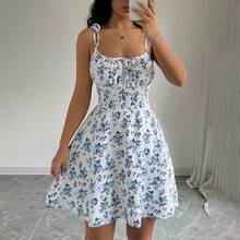 Women's Floral Print Tie Strap Mini Dress, Square Neck Ruched Bust A-Line Sundress, Casual Summer Beach Dress - Xanh lá nhạt - Xem 11