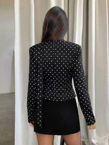 AYYAloruh Blazer elegante de mujer con estampado de lunares para uso diario, otoño, para mujeres, otoño, blazer de mujer, elegante, de vuelta al colegio, para profesoras, de escote en V profundo, ajustado, con cinta independiente, elegante y sencillo, romántico, adecuado para ir al trabajo o citas, con patrón de lunares en blanco y negroAYY - Negro - Ver 2