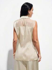 AYYAveloria Modichic Blazer de mujer versátil y elegante de diseño de alta gama con parches de organza brillante, satén y gasa de doble botonaduraAYY - Albaricoque - Ver 3