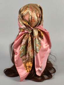 Women's Large Square Satin Scarf 90x90 Elegant Fashion Bandana For Hair And Neck - L5-Rosa escuro - 查看 7