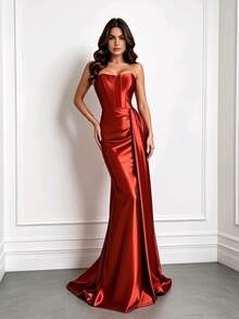 Satin Dress For Parties And Special Occasions, Strapless, Elegant - Terracotta - View 5